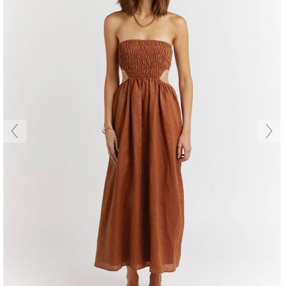 DISSH Strapless Smocked Midi Dress in Rust Brown